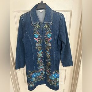DressBarn size Medium long line denim embroidered jacket
